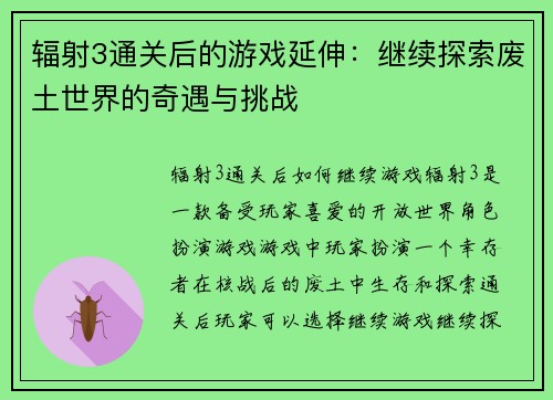 辐射3通关后的游戏延伸：继续探索废土世界的奇遇与挑战