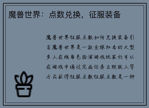 魔兽世界：点数兑换，征服装备